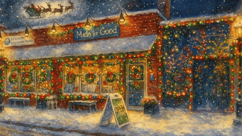 An AI-generated image of the outside of the Made for Good shop at 7 Warren Ave in Kenmore, New York. This image is a watercolor portrayal of the shop on Christmas Eve, as Santa flies overhead and there's a blanket of snow covering all the Christmas decorations outside the shop and in the windows.