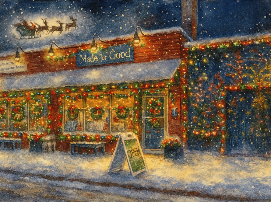 An AI-generated image of the outside of the Made for Good shop at 7 Warren Ave in Kenmore, New York. This image is a watercolor portrayal of the shop on Christmas Eve, as Santa flies overhead and there's a blanket of snow covering all the Christmas decorations outside the shop and in the windows.