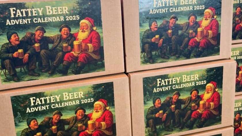 A photo of a stack of Fattey Beer Co. 2025 Beer Advent Calendar boxes
