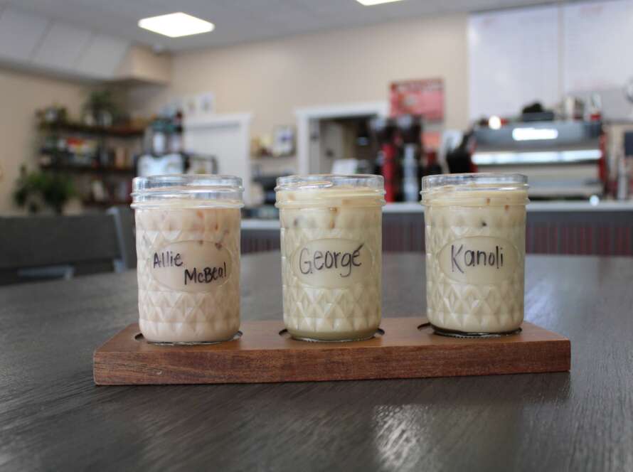 A photo Kenmore Media took for Red Otter Coffee's March Sips for a Cause marketing campaign. The photo is of a flight of coffee's named after adoptable dogs.