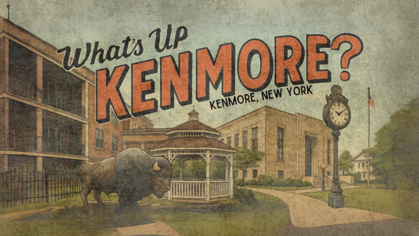 A graphic header used as the "What's Up Kenmore?" Facebook cover photo. It is an image of some key landmarks in the village of Kenmore, New York including the Buffalo statue, the gazebo, the municipal building, and the clock post near the village green. Rebecca Nagel (owner of Kenmore Media) runs this Facebook page with 20,000+ members.
