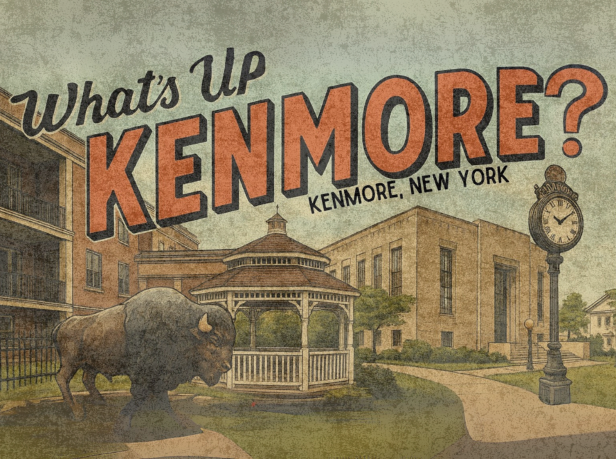 A graphic header used as the "What's Up Kenmore?" Facebook cover photo. It is an image of some key landmarks in the village of Kenmore, New York including the Buffalo statue, the gazebo, the municipal building, and the clock post near the village green. Rebecca Nagel (owner of Kenmore Media) runs this Facebook page with 20,000+ members.