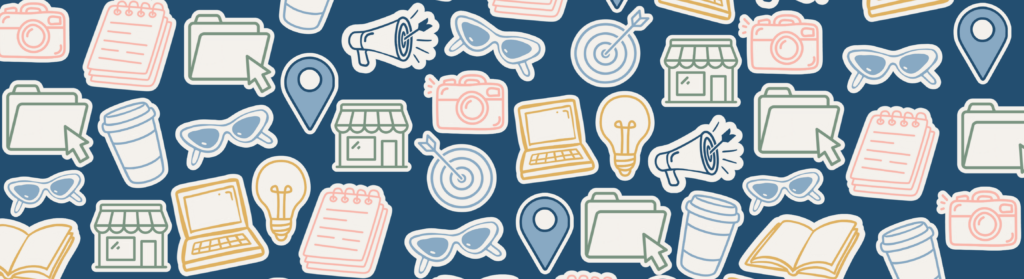 Illustrated banner with icons of social media marketing, content creation tools, and small business elements in blue, pink, and cream brand colors for Kenmore Media in Buffalo, NY